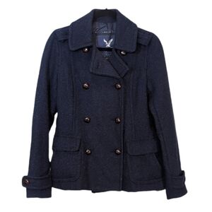 American Eagle Navy Blue Wool Blend Double Breasted Pea Coat Military Small